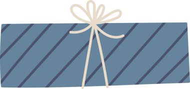 Çapraz çizgileri ve düz bir yayı olan dikdörtgen bir hediye kutusu. Kutu uzatılmış ve üstünde minimalist bir kurdele var. Çizgi film vektör illüstrasyonu.