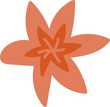 Yıldızımsı bir düzende üst üste taç yaprakları serpiştirilmiş bir çiçek. Tasarım düz çizgiler ve simetrik bir düzen içeriyor. Çizgi film vektör illüstrasyonu.