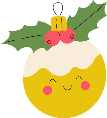Gülen bir Noel pudingi süsü. Kutsal yapraklar ve böğürtlenler düz bir şekilde. Festival dekorasyonunda neşeli bir yüz ve basit şekiller yer alıyor. Çizgi film vektör illüstrasyonu.