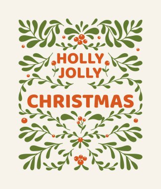 Dekoratif kutsal yapraklar ve simetrik bir düzende böğürtlenlerle çevrili şenlikli bir metin. Tarzlanmış yeşillik ve canlı harflerle mevsimsel selamlaşma. Çizgi film vektör illüstrasyonu.