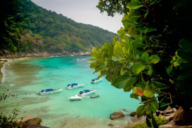 Similan Adaları 'ndaki plajın havadan görüntüsü. Turistli tekneler kıyıya demirli. Tayland. Yüksek kalite fotoğraf