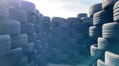 Eski araba lastiklerinden yapılmış bir parkta çocuklar için bir labirent. Kullanışlı atık kullanımı, eko. Avrupa. Yüksek kalite 4k görüntü