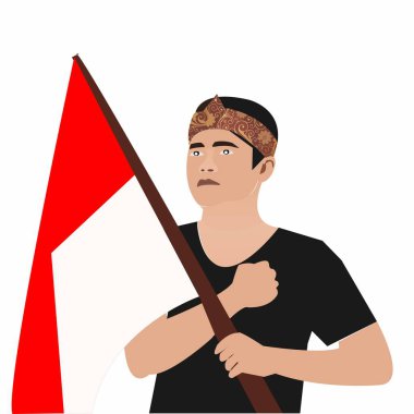 17 Ağustos 'un bağımsızlığını kutlayan Endonezya bayrağını taşıyan bir erkek savaşçının karikatürü.