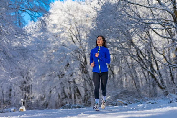 Sportswoman Running Nature Snowy Winter Day Winter Fitness Concept — Stock Photo, Image