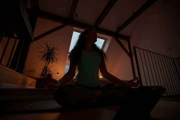 Half Lotus Pose Dark Lit Room Mindfulness Photo Young Concentrated — Stock Photo, Image