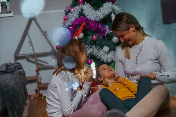 Mutlu bir aile Noel tatilinde eğleniyor ve gülüyor, birlikte vakit geçiriyorlar, oturma odasının önünde oturmuş, Noel ağacının önünde oturmuş, birbirleriyle dalga geçiyorlar.