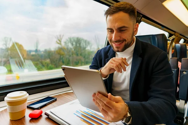 Man has a business meeting via video call using tablet on his commute to work