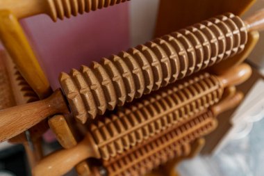 Closeup of a massage rollers made out of wood