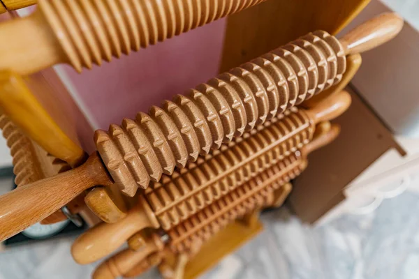 Closeup of a massage rollers made out of wood