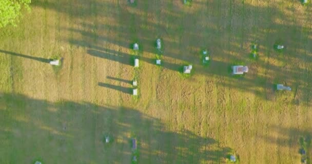 Вид Надгробий Отбрасывающих Тени Камера Движется Вперед Показывая Больше Надгробий — стоковое видео