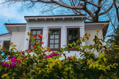 Bahçedeki güzel kırmızı tuğlalı ev