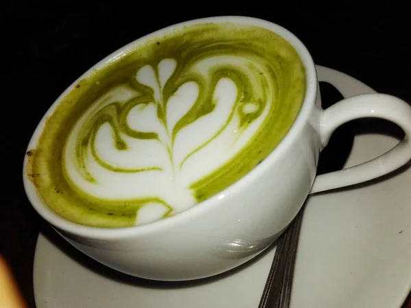 Cup Hot Green Tea Latte Night — Stock Photo, Image