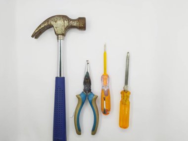 Hammer, screwdriver, pliers, testpen.  Carpentry and workshop tools.  Isolated on a white background