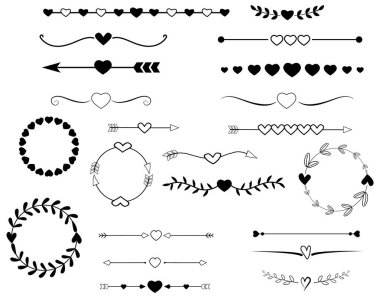 Beyaz zemin üzerinde klasik sınırlar ve kaydırma elemanları. Bölücülere ayrılın. Zarif süslemeli kalp sayfası ayırıcı işareti. düz biçim.