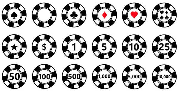 カジノコインチップは白い背景に設定されています ポーカーチップのサイン 100 500 1000 フラットスタイル — ストックベクタ