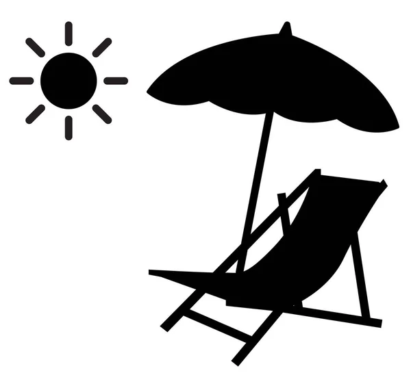 サンアイコン付きのビーチチェア 海水浴場の看板 チェイス ロングとパラソル ビーチチェアのロゴ フラットなスタイル — ストックベクタ