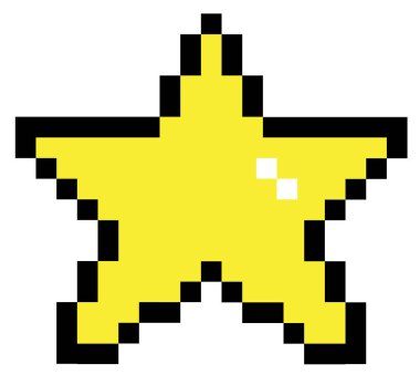 Sarı yıldız pikseli simgesi. Yıldız 8 bit pikselli stil işareti. Piksel sanat yıldızı sarı sembolü. düz biçim.