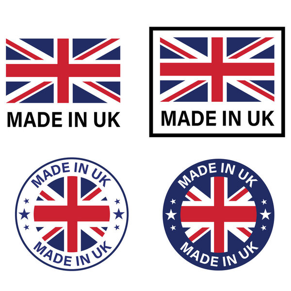 Set of Made in UK seal, product tag label sign. Made In UK stamp sticker. flat style.