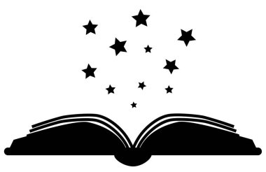 Sihirli okuma ikonu. Kalın kitap kapaklı ve siyah yumuşak yıldızlı açık bir kitap. Kitap sembolünü aç. düz biçim.