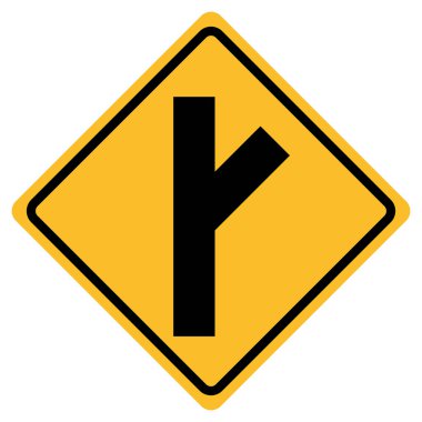 Bitişik bir yol ikonu ile kontrolsüz kesişme. Y kavşağı sağ tabelada. ABD 'nin üç yönlü bağlantı sembolü. Öndeki kavşak uyarı logosu. düz biçim.