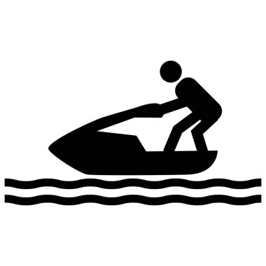 Jet ski ikonu. İnsanoğlu, dalga sembollü jet ski yarış teknesi kullanıyor. Kişisel su sanatları spor tabelası. düz biçim.