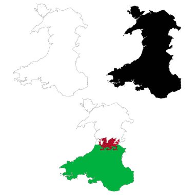 Galler haritası simgesi. Galler Harita işareti. Galler 'in ana hatları. Galler bayrağı sembolü. düz biçim.