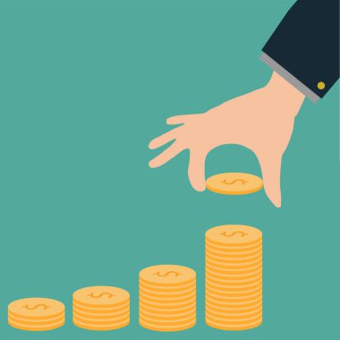 Eller bozuk paraları istifliyor. İnsan eli yeşil arka plandaki bozuk para yığınına para koyuyor. Yatırım, para biriktirme ya da büyüme işi. Para basma merdiveni.. 