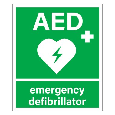 AED etiketleri. Otomatik Harici Defibrilatör işareti. İlk yardım sembolü. AED AID CPR.