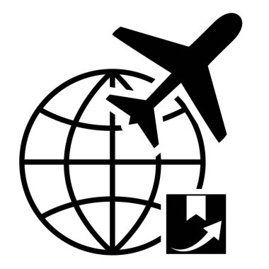 Uçak teslimat ikonu. Küresel uçak teslimat işareti. Dünya çapında hava taşımacılığı sembolü. düz biçim.