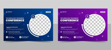 İş teknolojisi konferansı webinar broşürü şablonu ve olay paneli davetiye düzeni tasarımı