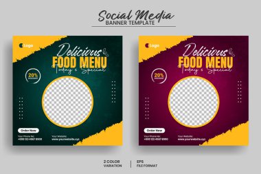 Lezzetli yemek menüsü sosyal medya afişi veya web afişi şablonu ve sağlıklı organik gıda tanıtım broşürü şürü