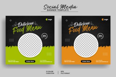 Lezzetli yemek menüsü sosyal medya afişi veya web afişi şablonu ve sağlıklı organik gıda tanıtım broşürü şürü