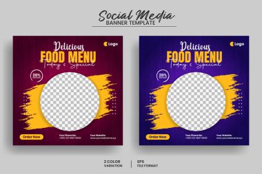 Lezzetli yemek menüsü sosyal medya afişi veya web afişi şablonu ve sağlıklı organik gıda tanıtım broşürü şürü