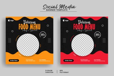 Lezzetli yemek menüsü sosyal medya afişi veya web afişi şablonu ve sağlıklı organik gıda tanıtım broşürü şürü