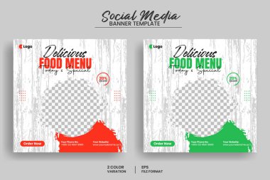 Lezzetli yemek menüsü sosyal medya afişi veya web afişi şablonu ve sağlıklı organik gıda tanıtım broşürü şürü