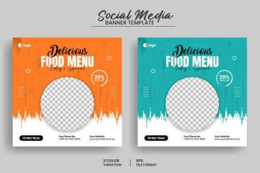 Lezzetli yemek menüsü sosyal medya afişi veya web afişi şablonu ve sağlıklı organik gıda tanıtım broşürü şürü