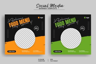 Lezzetli yemek menüsü sosyal medya afişi veya web afişi şablonu ve sağlıklı organik gıda tanıtım broşürü şürü