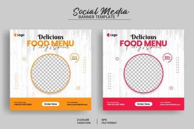 Lezzetli yemek menüsü sosyal medya afişi veya web afişi şablonu ve sağlıklı organik gıda tanıtım broşürü şürü
