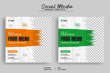 Lezzetli yemek menüsü sosyal medya afişi veya web afişi şablonu ve sağlıklı organik gıda tanıtım broşürü şürü