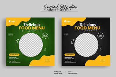 Lezzetli fast food menüsü sosyal medya afişi ya da web afişi şablonu ve sağlıklı gıda işi tanıtım broşürü.