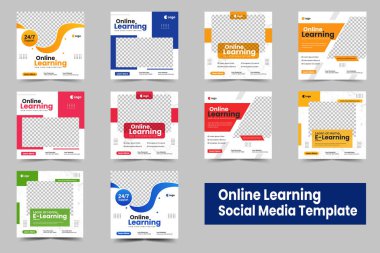 Çevrimiçi öğrenim sosyal medyası pankart şablonu veya çevrimiçi eğitim kare afişi, broşür şürü