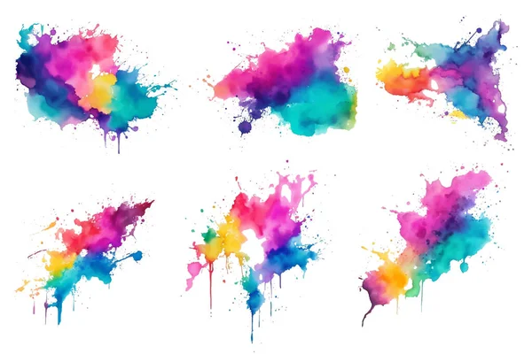 Colorful Ink Splatter Set Watercolor Paint Splash Powder Festival Explosion — Stock Vector