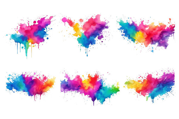 Colorful Ink splatter set, watercolor paint splash powder festival explosion burst isolated png background