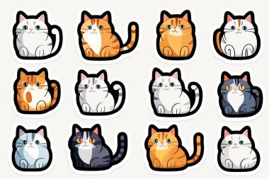 Şirin Komik Kedi Etiketleri Çizimi ve Kawaii Dijital Clipart