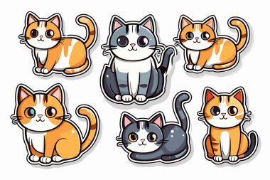 Şirin Komik Kedi Etiketleri Çizimi ve Kawaii Dijital Clipart