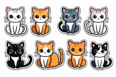 Şirin Komik Kedi Etiketleri Çizimi ve Kawaii Dijital Clipart