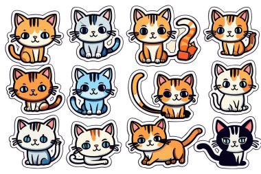 Şirin Komik Kedi Etiketleri Çizimi ve Kawaii Dijital Clipart