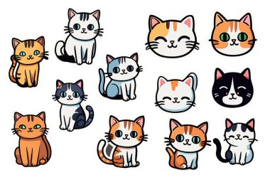 Şirin Komik Kedi Etiketleri Çizimi ve Kawaii Dijital Clipart