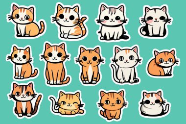 Şirin Komik Kedi Etiketleri Çizimi ve Kawaii Dijital Clipart