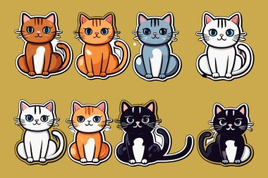 Şirin Komik Kedi Etiketleri Çizimi ve Kawaii Dijital Clipart